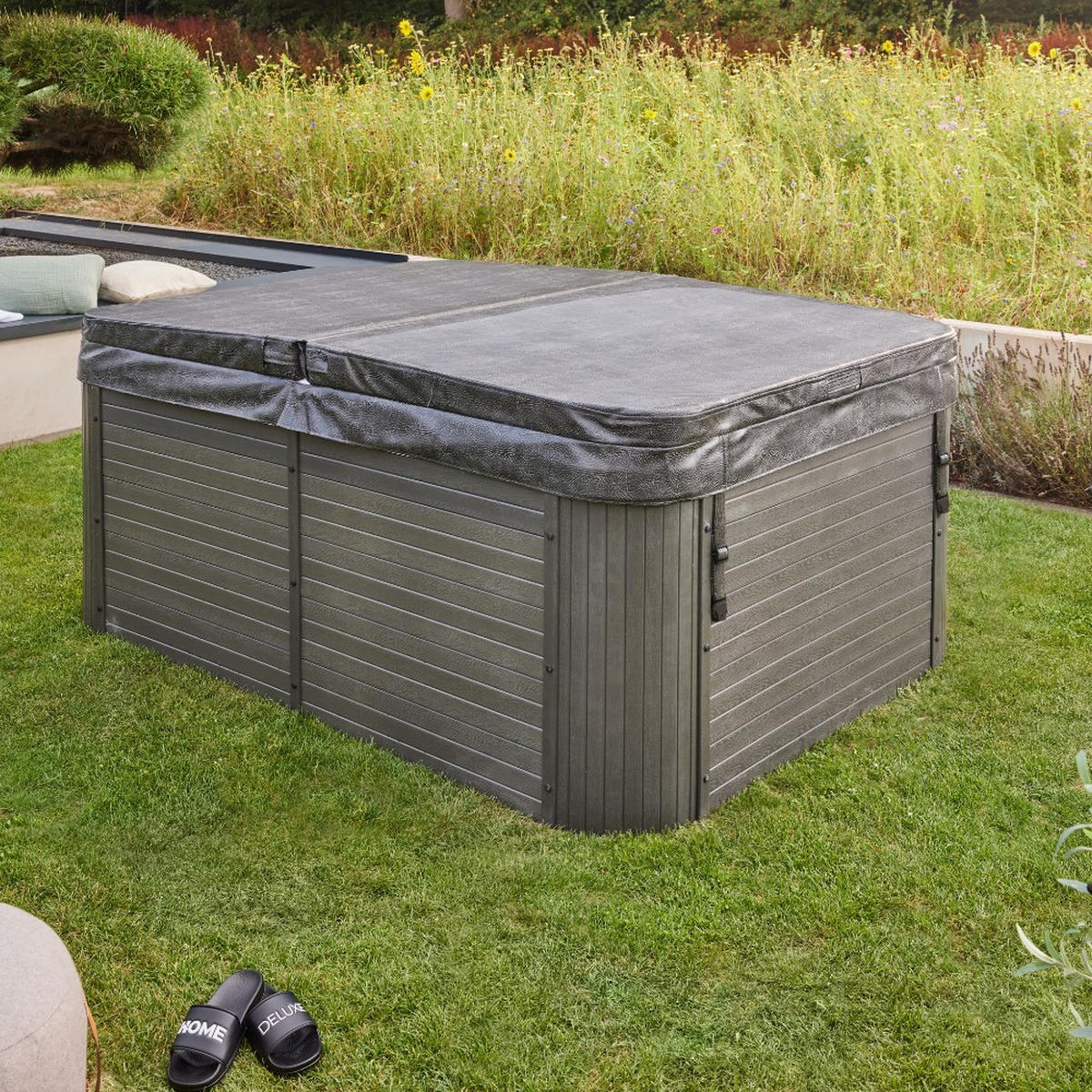 OUTDOOR WHIRLPOOL BEACH - Ausstattung: Mit Treppe und Thermoabdeckung - Anthrazit, Kunststoff (210/83/155cm) - Home Deluxe
