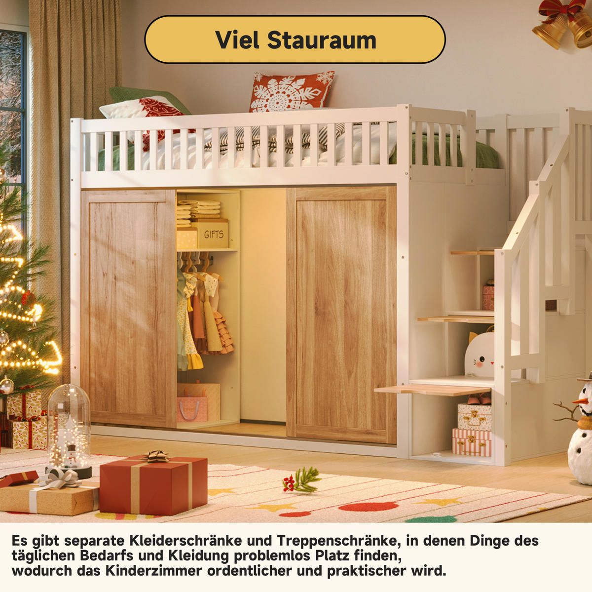 HOCHBETT 90/200 cm mit Kleiderschrank, Treppenschrank und App-gesteuerter LED-Lichtleiste, Weiß/Eichefarben - Weiß, Holzwerkstoff (90/200cm) - Redom