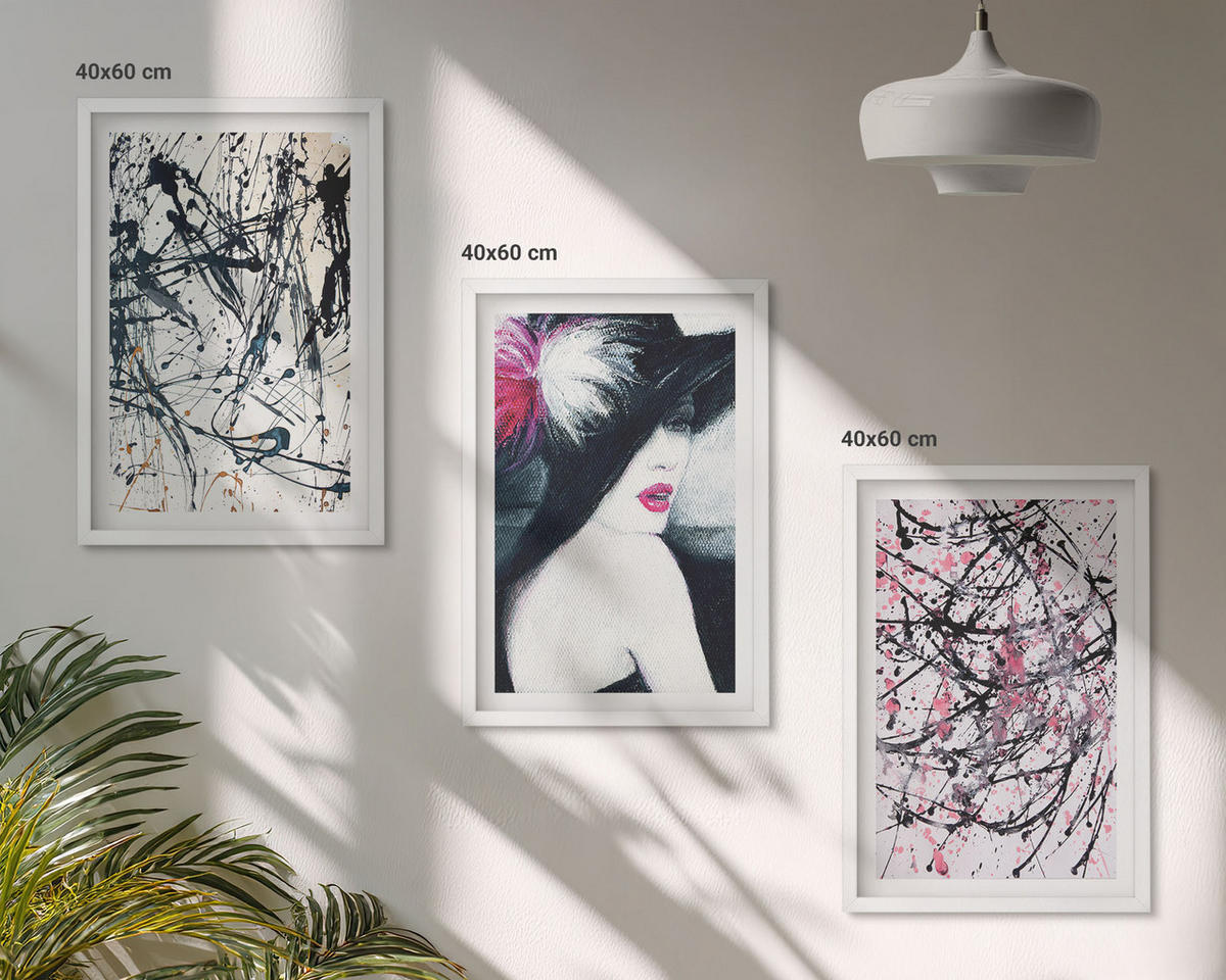 WANDBILDER 3er-Set - 40x60 cm Weißer Rahmen - Abstrakte Farbmuster Hut - Weiß, Kunststoff (40/60cm) - ArtPrintCave