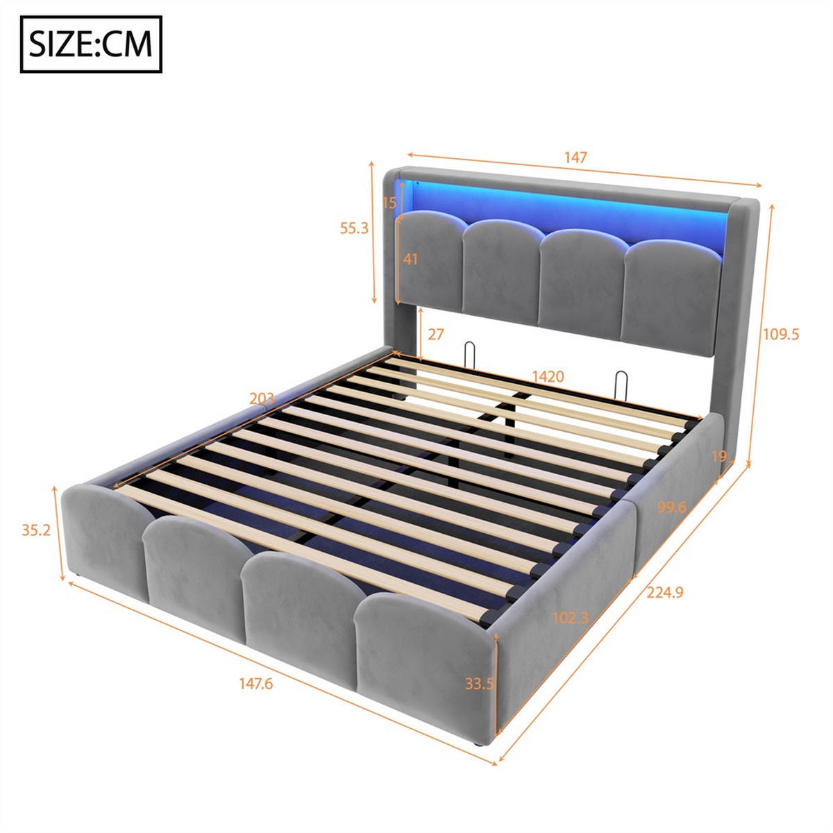 POLSTERBETT 140x200 cm mit KopfteilStauraum & hydraulischem Stauraum - USB und Type-C & LED - Grau - Grau, Textil (140/200cm) - DELFA