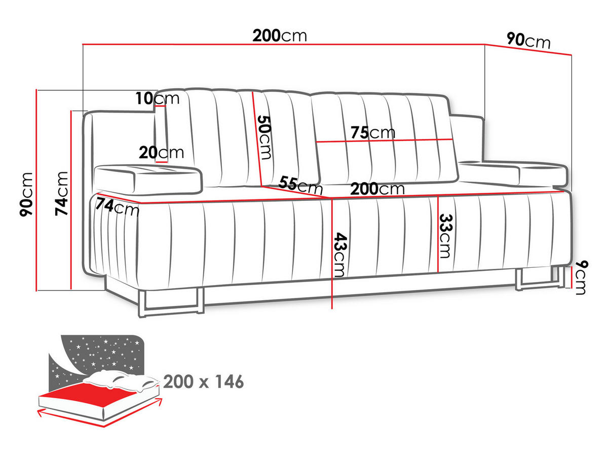 SCHLAFSOFA Laguna - Schwarz/Dunkelblau, Holz/Textil (200/90/90cm) - MIRJAN24