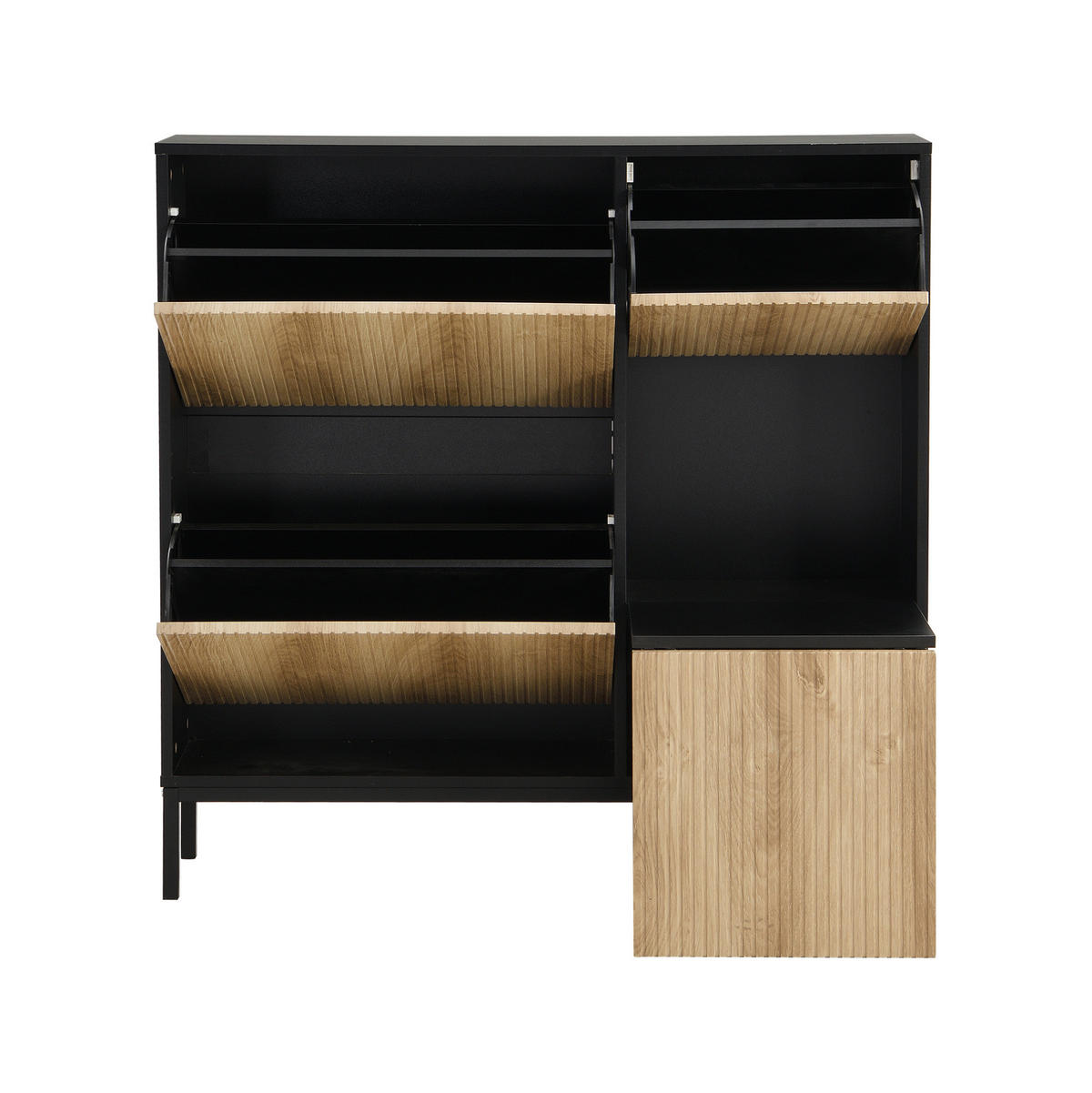 SCHUHSCHRANK 100/25/100 cm in Schwarz/Natur mit 3 Klappen und ausziehbarer Sitzbank - Schwarz, Holzwerkstoff (100/100/25cm) - Flora Grace
