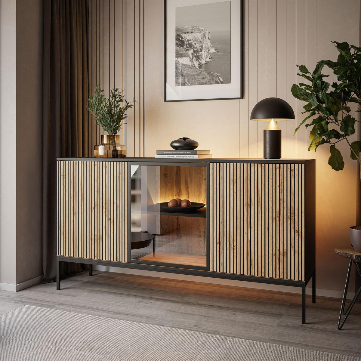 SIDEBOARDS ECLIPSE K154 mit Beleuchtung,Schwarz Eiche Wotan - Eiche Wotan, Holzwerkstoff (154/83/39cm) - Lookway