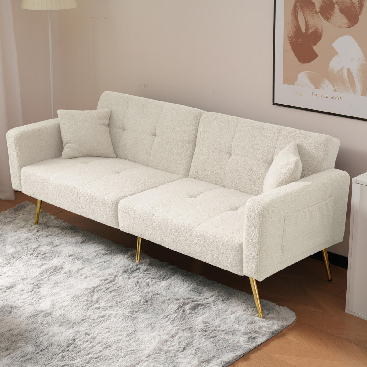 SCHLAFSOFA Lammwollstoff mit Seitentaschen verstellbar 105/138/180 Grad Weiß 175/64/72 cm - Weiß, Textil (64/72/175cm) - Redom