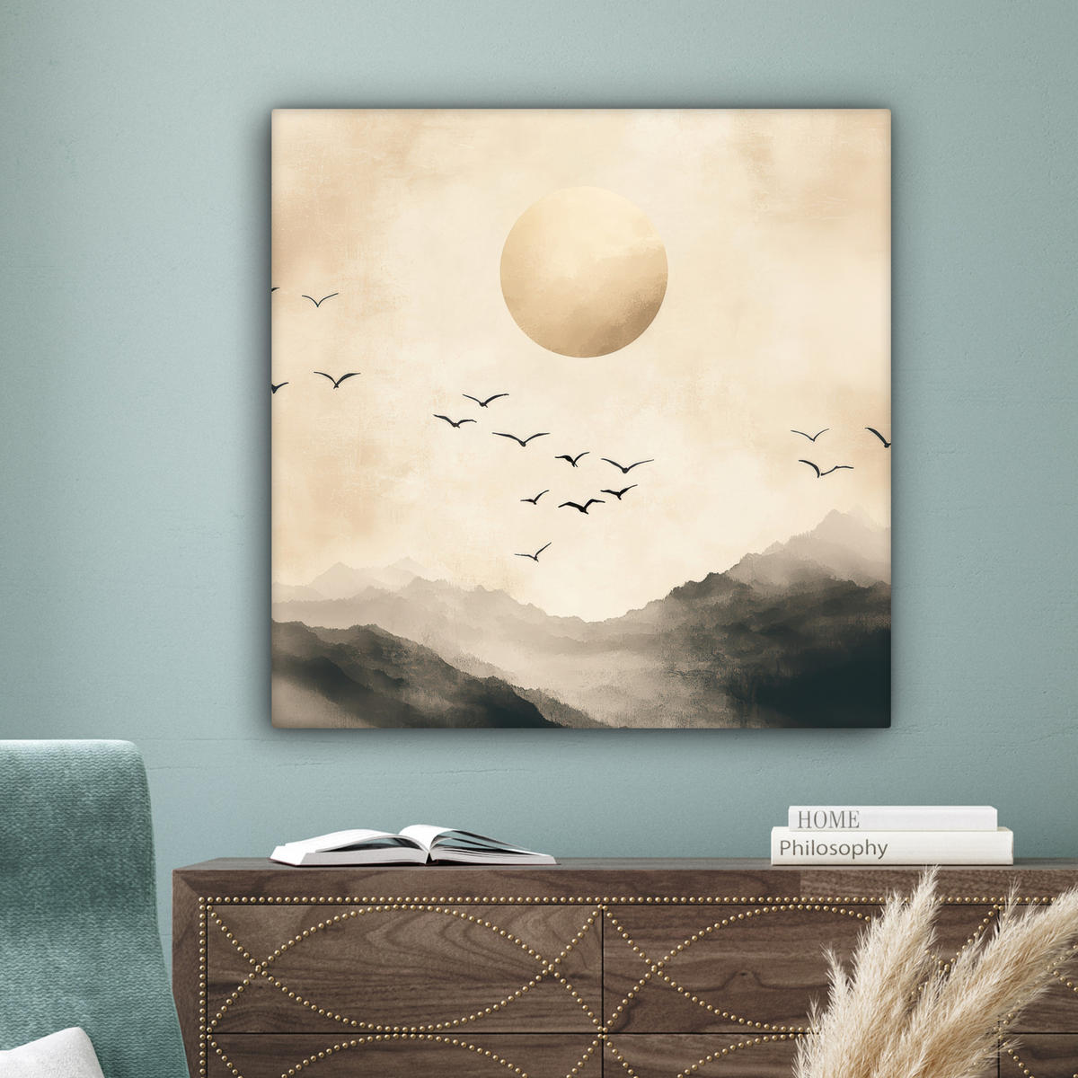 LEINWANDBILD Landschaft - Japandi - Vogel 90x90 cm - Beige, Textil (90/90cm) - MuchoWow