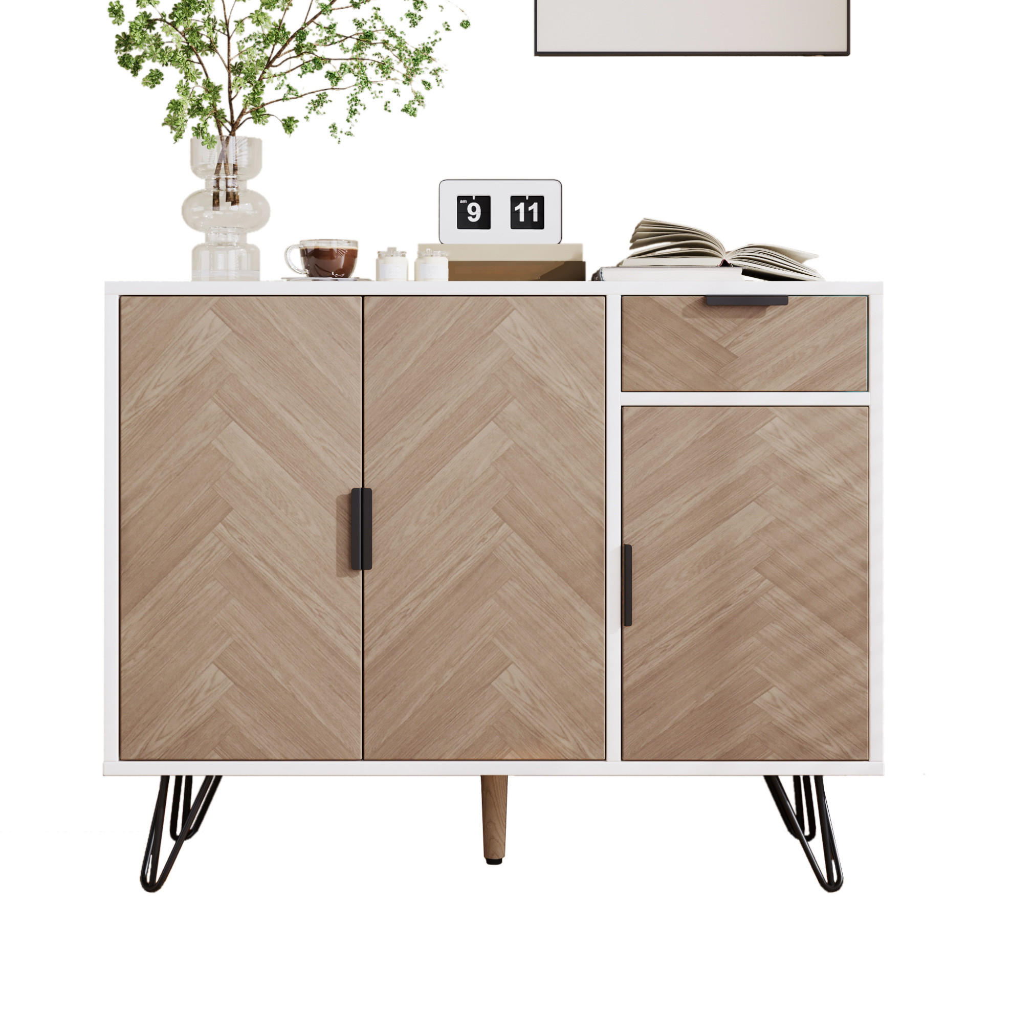 SIDEBOARD 90/30/71,5 cm aus MDF und Spanplatte mit höhenverstellbaren Einlegeböden Weiß/Holzfarben - Naturfarben, Holzwerkstoff (30/71.5/90cm) - Modenvie