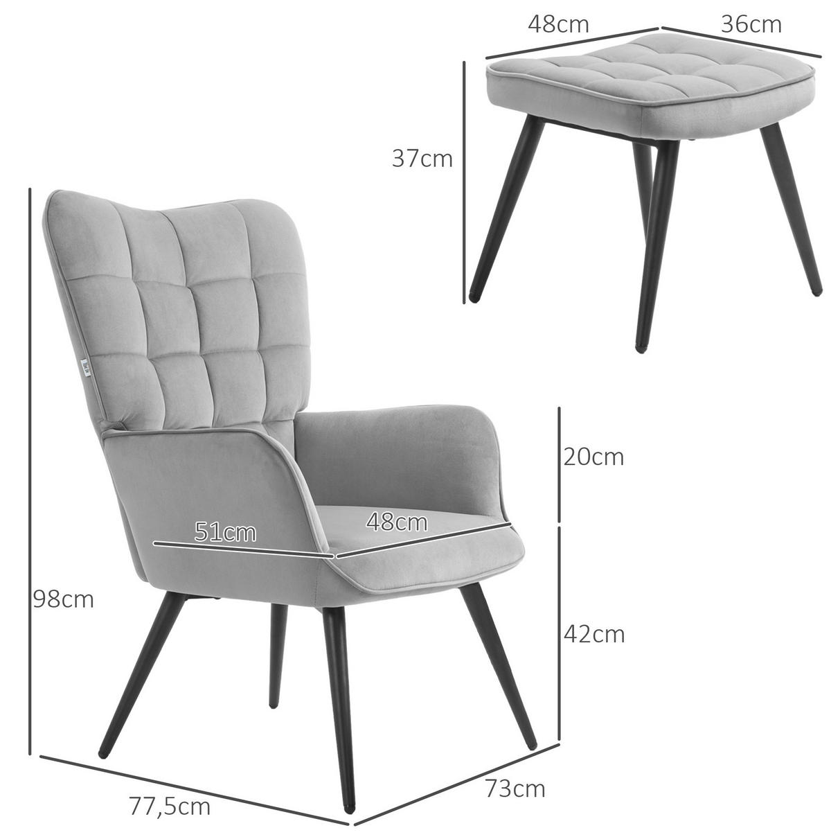 OHRENSESSEL-SET 73/77,5/98 cm in Hellgrau mit Hocker und Samtoptik - Hellgrau, Metall (77.5/98/73cm) - Flora Grace