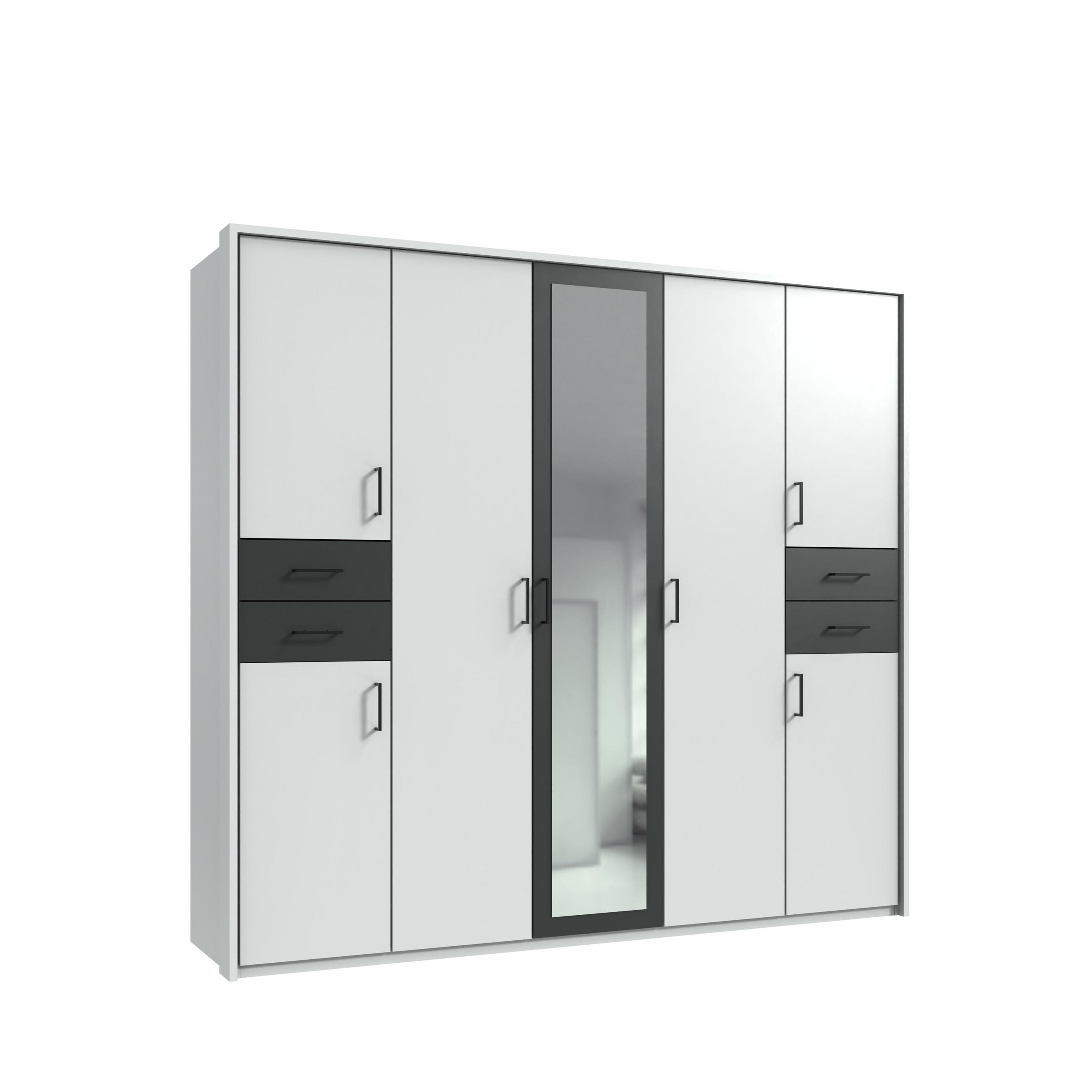 DREHTÜRENSCHRANK Kleiderschrank B228/H210/T58 cm mit Schubkästen & Passepartout & 1 Spiegeltür, Weiß mit Absetzungen in Grafit, Griffe schwarz / 22572 - Graphitfarben/Schwarz, Holzwerkstoff/Kunststoff (228/210/58cm) - luma-home