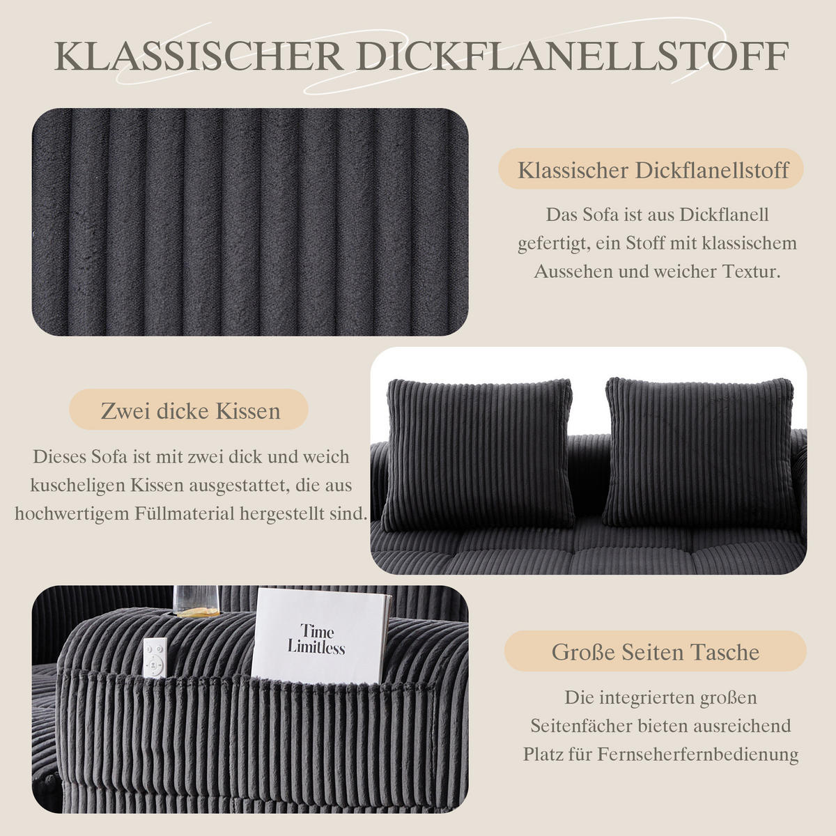 SOFA mit Seitenfächern und Becherhaltern 158 x 93 cm Cord Dark Grey - Dunkelgrau, Kunststoff (158.1/61/93cm) - Meubliv