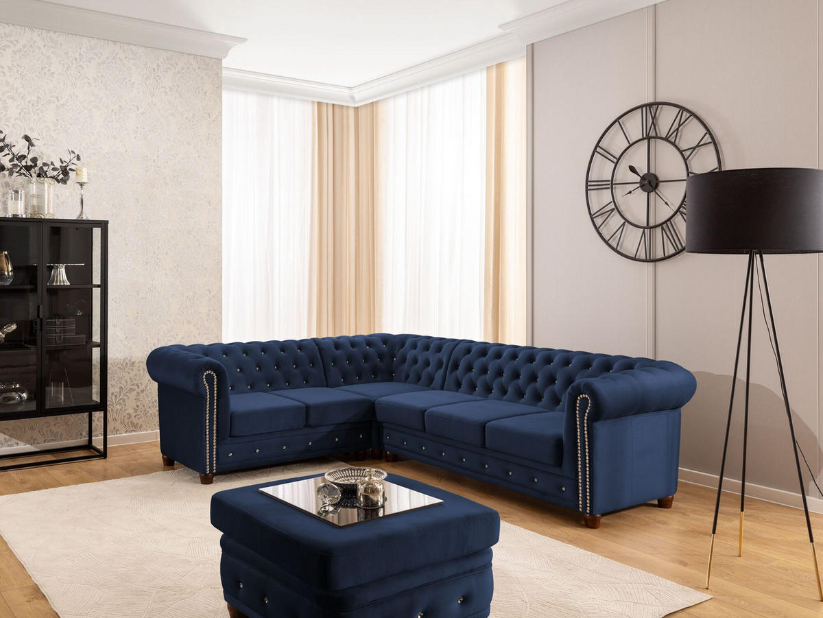 ECKSOFA Chesterfield Cleo Blink Marineblau Samt mit Kristallsteppung und braunen Massivholzfüßen - Ottomane Links - Blau/Braun, Holz/Textil (264/210cm) - S-Style Möbel