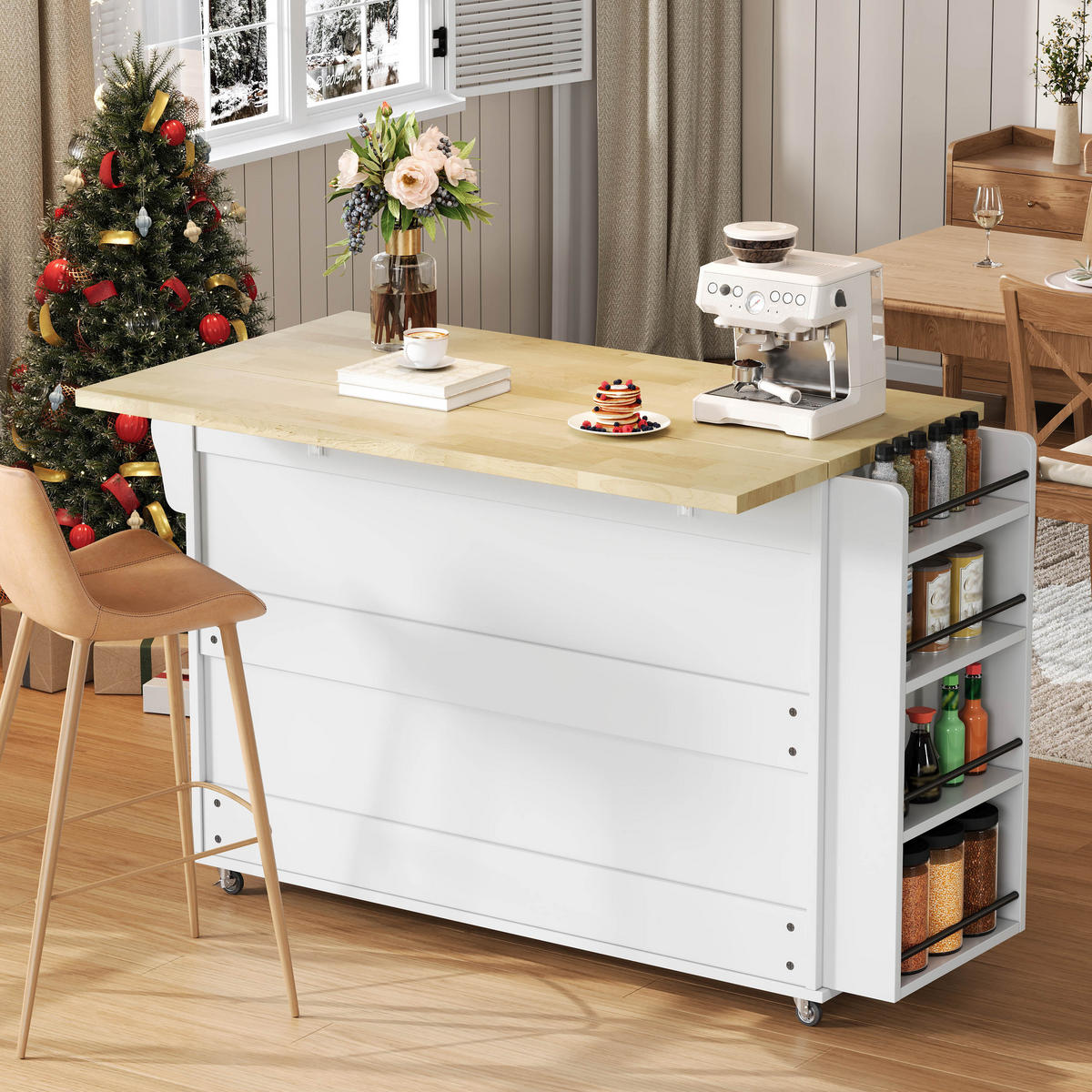 KÜCHENINSEL 120/70/90 cm Natur/Weiß aus MDF mit Klappplatte - Naturfarben, Holzwerkstoff (138/90/70cm) - OKWISH