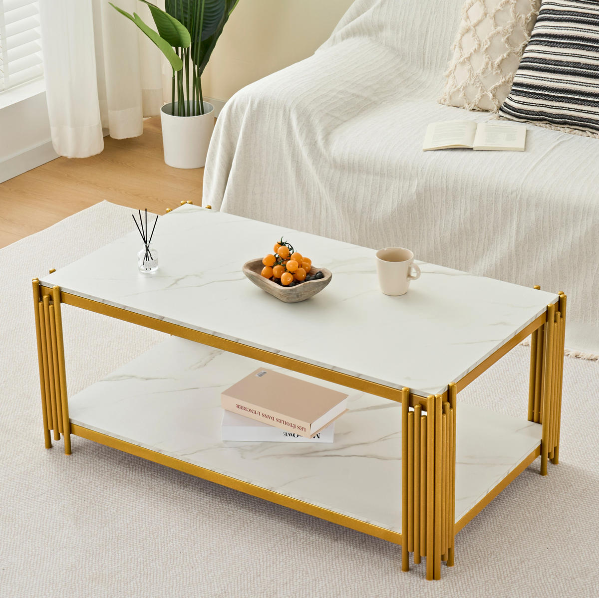 COUCHTISCH 114/64/46 cm mit 2 Ablagen und Metallgestell in Marmoroptik, Weiß/Gold - Weiß, Holzwerkstoff (114/64/46cm) - Redom