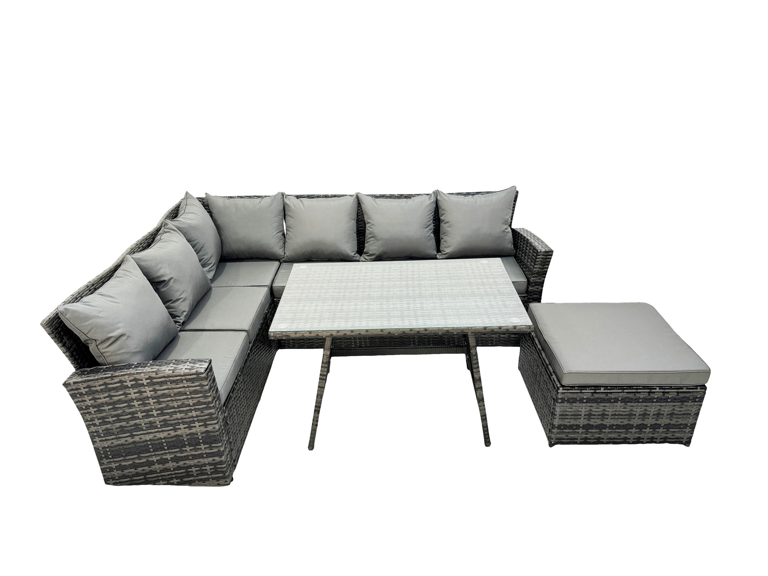 GARTENLOUNGE mit Ecksofa Polyrattan Dunkelgrau 7-Sitzer - Dunkelgrau/Grau, Glas/Kunststoff - Fimous