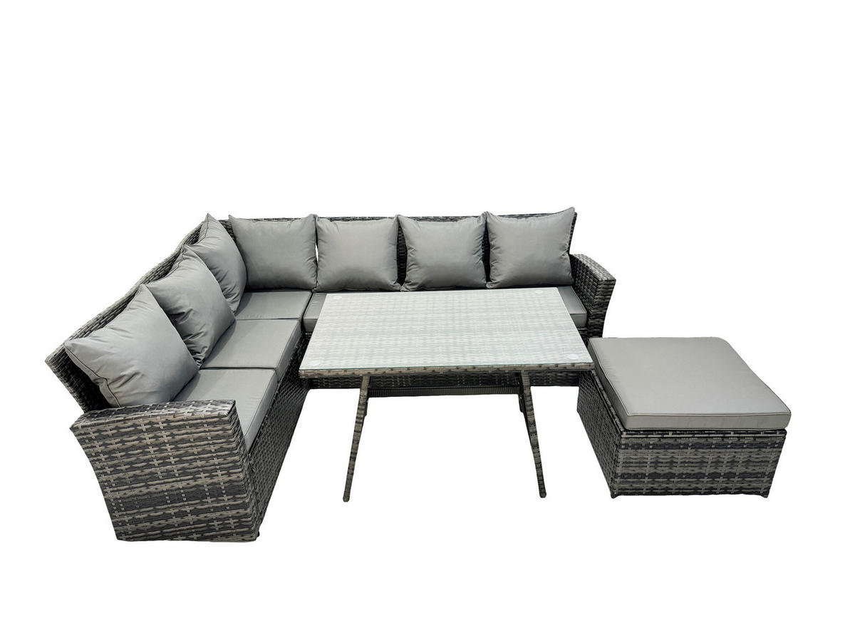 GARTENLOUNGE mit Ecksofa Polyrattan Dunkelgrau 7-Sitzer - Dunkelgrau/Grau, Glas/Kunststoff - Fimous