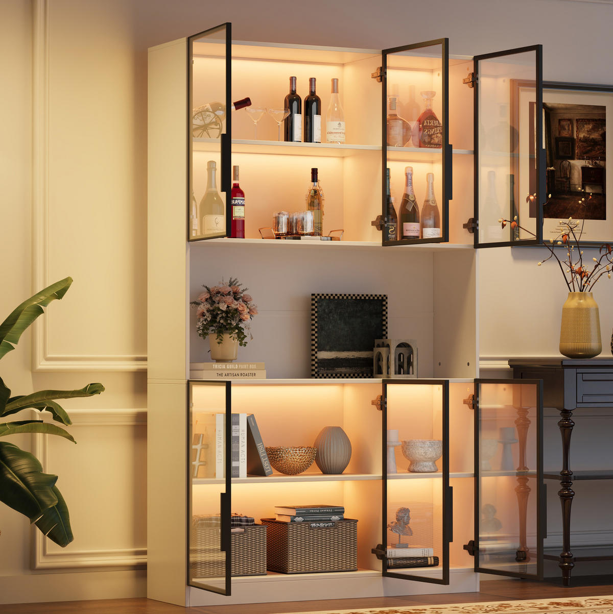 VITRINE 120/34/200 cm weiß aus MDF und Glas mit LED und 6 Türen - Weiß, Holzwerkstoff (120/200/34cm) - OKWISH