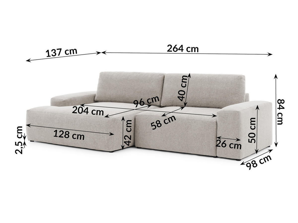ECKSOFA Lennon aus Beige Strukturstoff mit Schlaffunktion und Bettkasten - Beige/Schwarz, Holz/Kunststoff (137/264cm) - S-Style