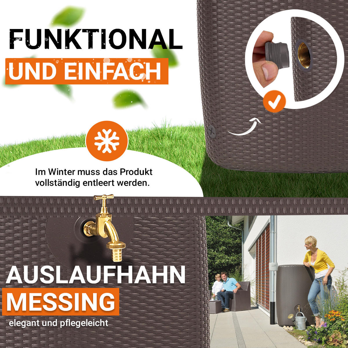 WANDTANK Komplett-Set 300 L mocca inkl. Messing-Auslaufhahn und Fallrohranschluss - Mokka, Kunststoff (40/118/80cm) - GARANTIA