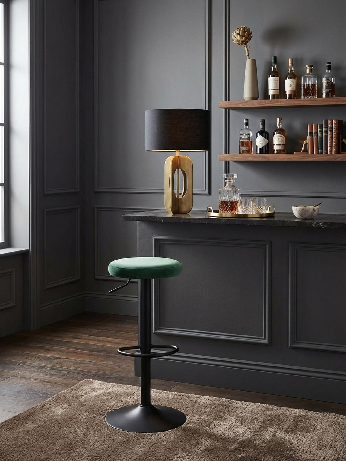 BARHOCKER Höhenverstellbar Eisen Samt Drehbar CAMPANIA, Grün 40x40x79 cm - Schwarz/Grün, Textil/Metall (40/79/40cm) - KADIMA DESIGN