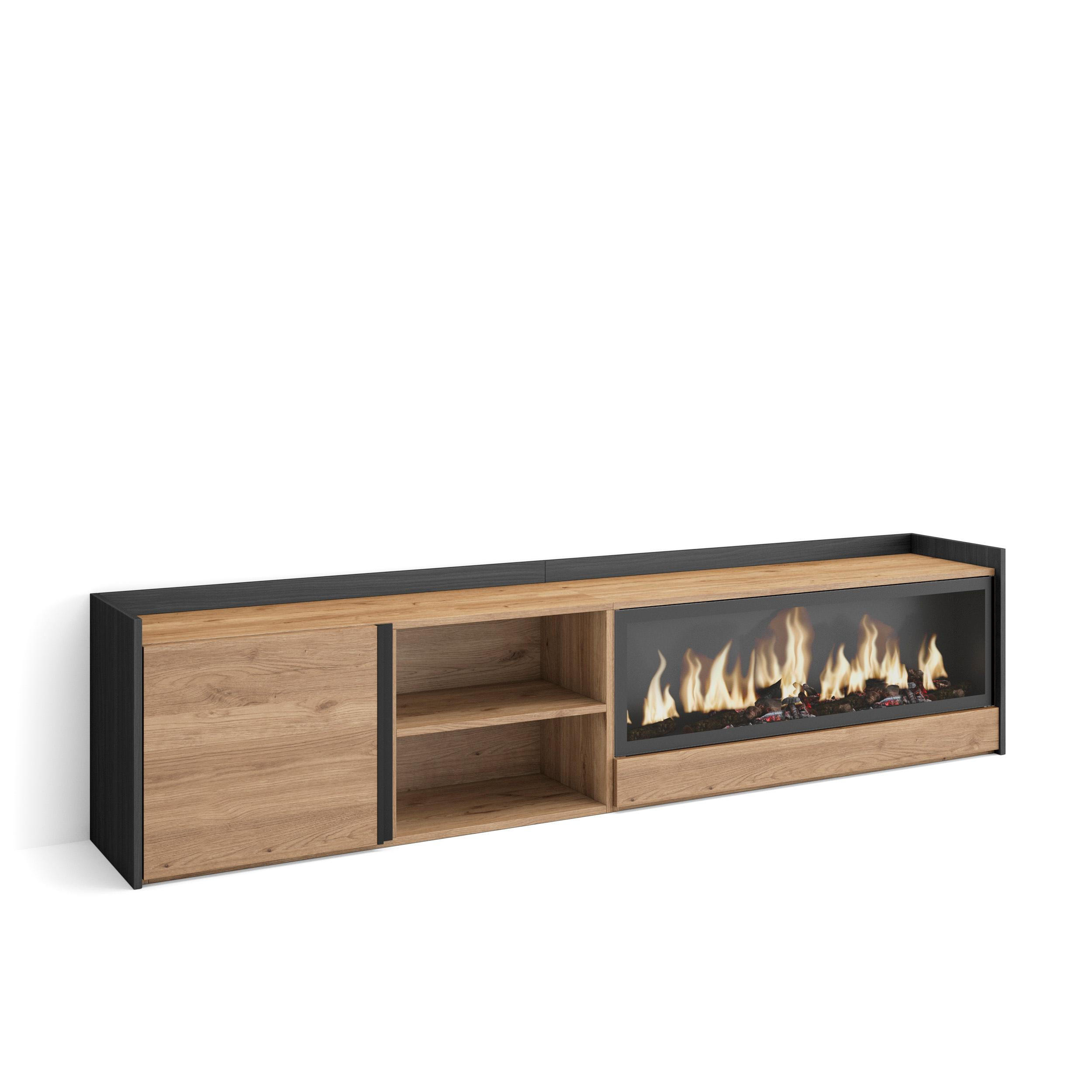 LOWBOARD, Eiche und Schwarz, 212/35/50cm, Kamin mit Feuereffekt XXL - Eichefarben, Holzwerkstoff (212/50/35cm) - Skraut Home