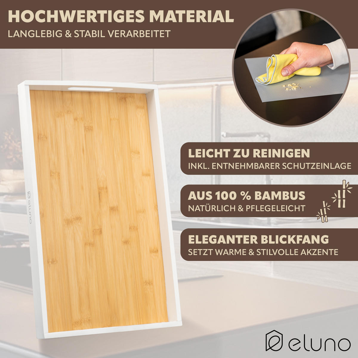 SERVIERTABLETT mit Griffmulden - Weiß, Naturmaterialien (50/5/30cm) - eluno