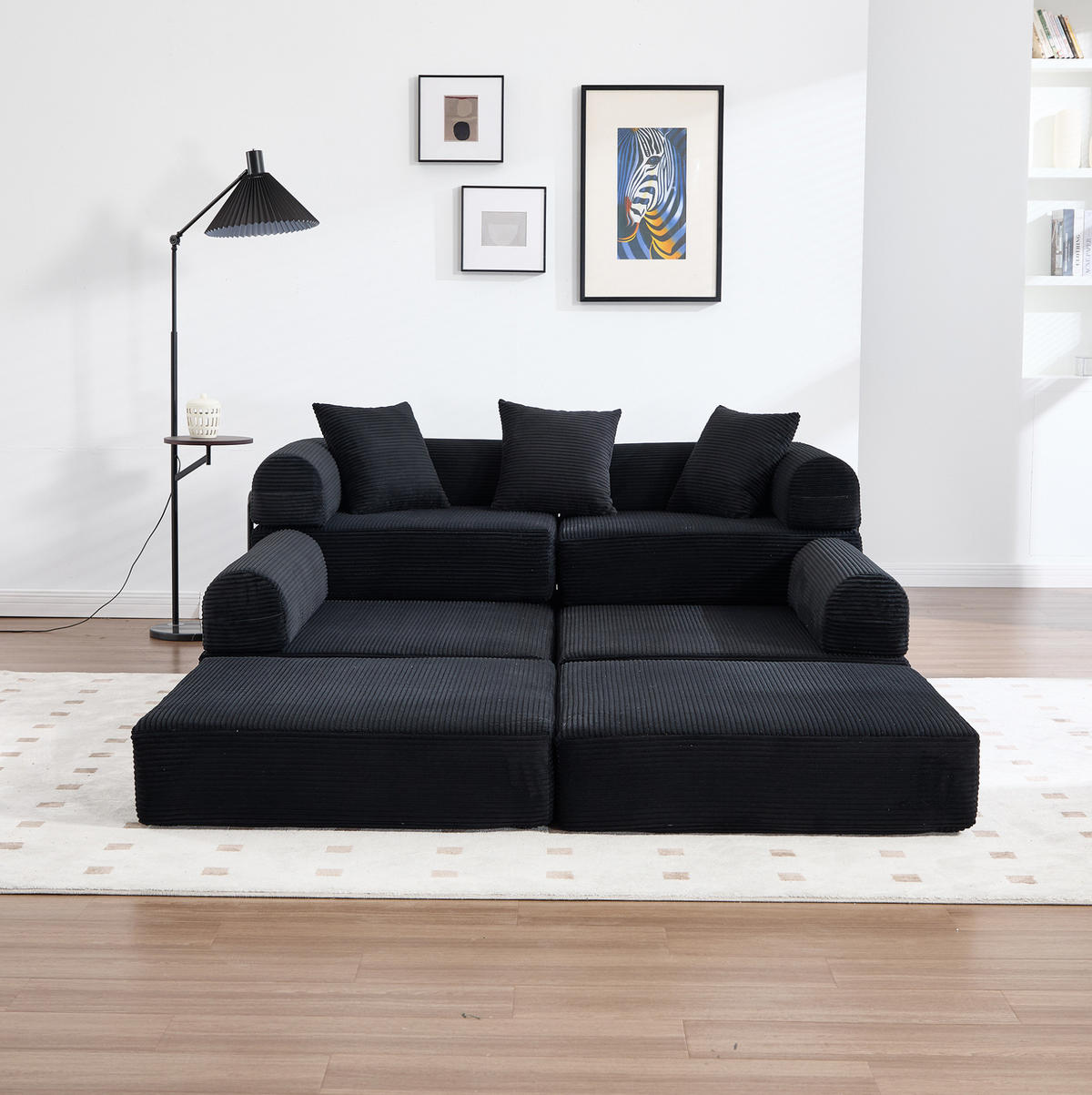 MODULSOFA 270/180/64 cm aus Cord mit Schlaffunktion und Stauraumtasche Schwarz - Schwarz, Textil (180/64/270cm) - Modenvie