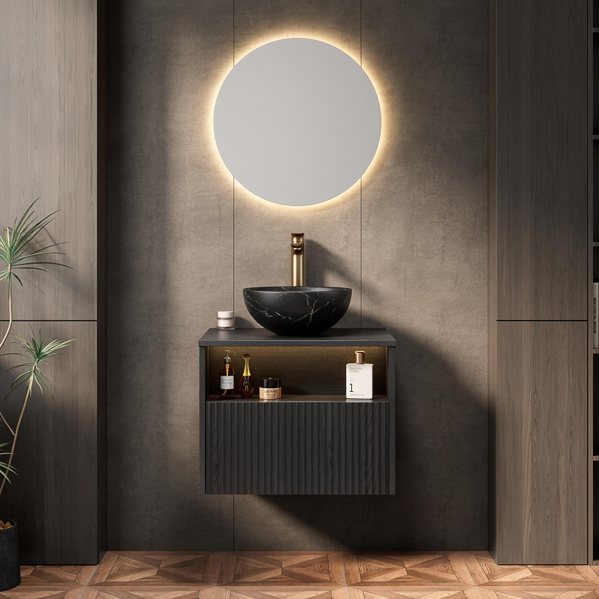 WASCHTISCHKOMBI mit LED-Sensorlicht und Soft-Close, schwarz, vormontiert - Schwarz, Keramik (60/60.8/46cm) - BEAOK