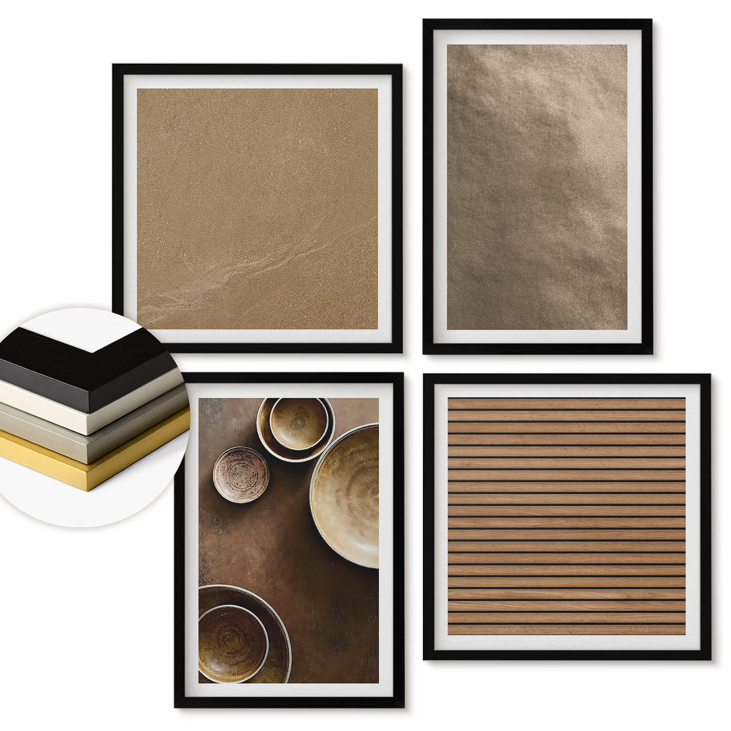 WANDBILDER 4er-Set - 50x50 cm & 40x60 cm Schwarzer Rahmen - Moderne Steinstrukturen - Schwarz, Kunststoff (50/50cm) - ArtPrintCave