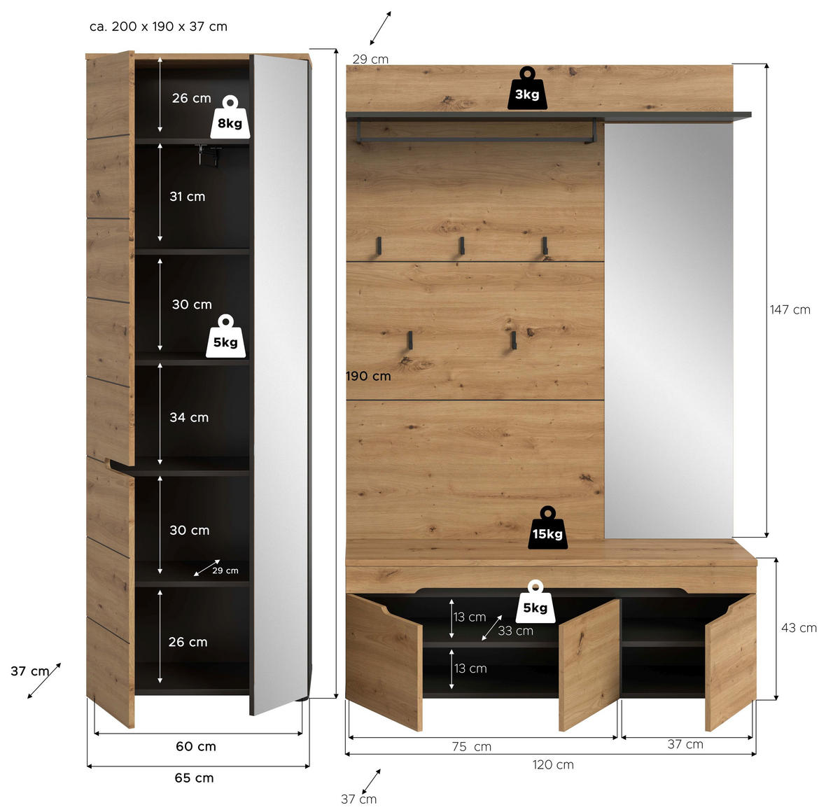GARDEROBEN-SET Canu Artisan 200/37/190 cm - Grau, Holzwerkstoff (200/190/37cm) - Xonox