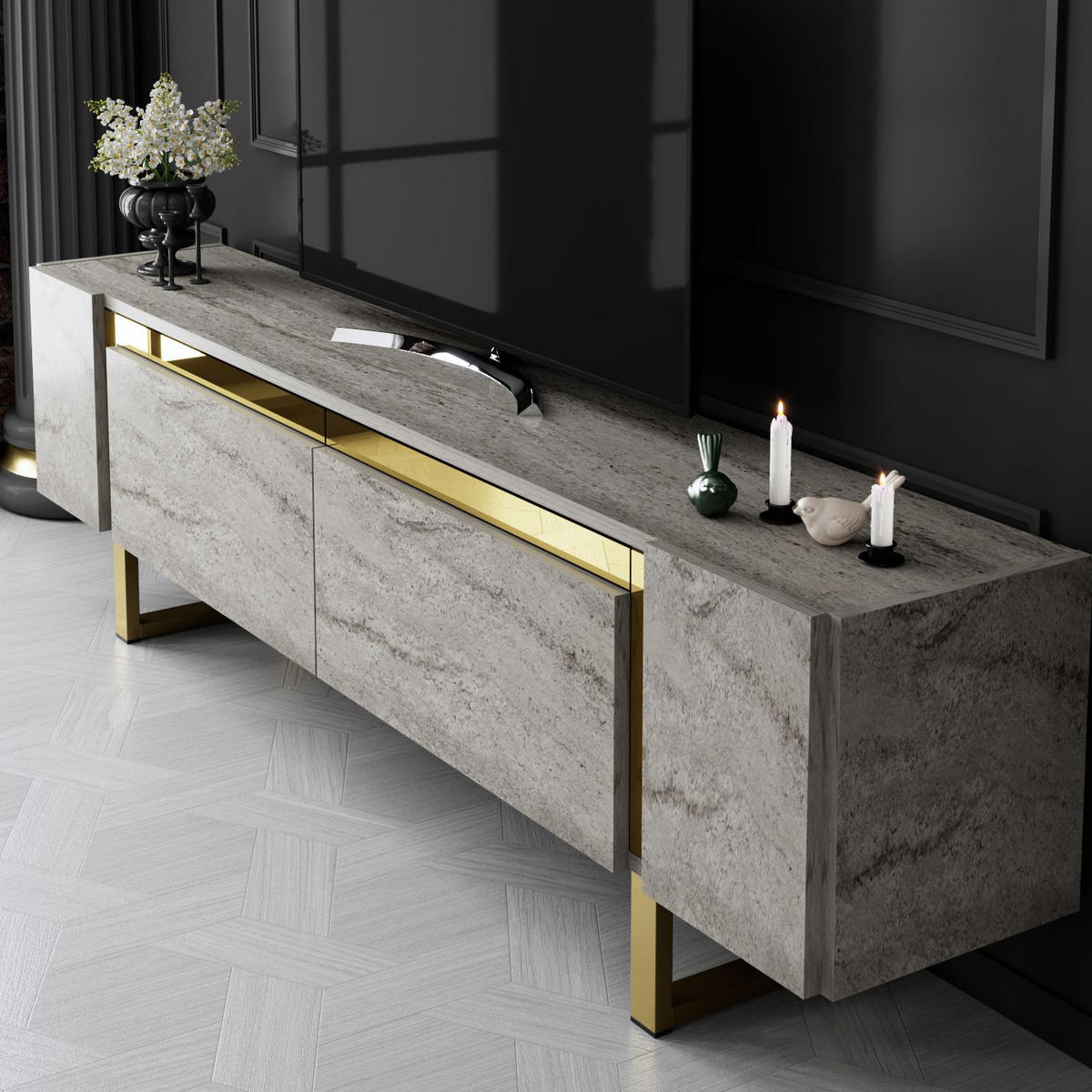 TV-MÖBEL Yildiz Travertin-Gold - Beige/Goldfarben, Holz (180/50/30cm) - Habitat Garten