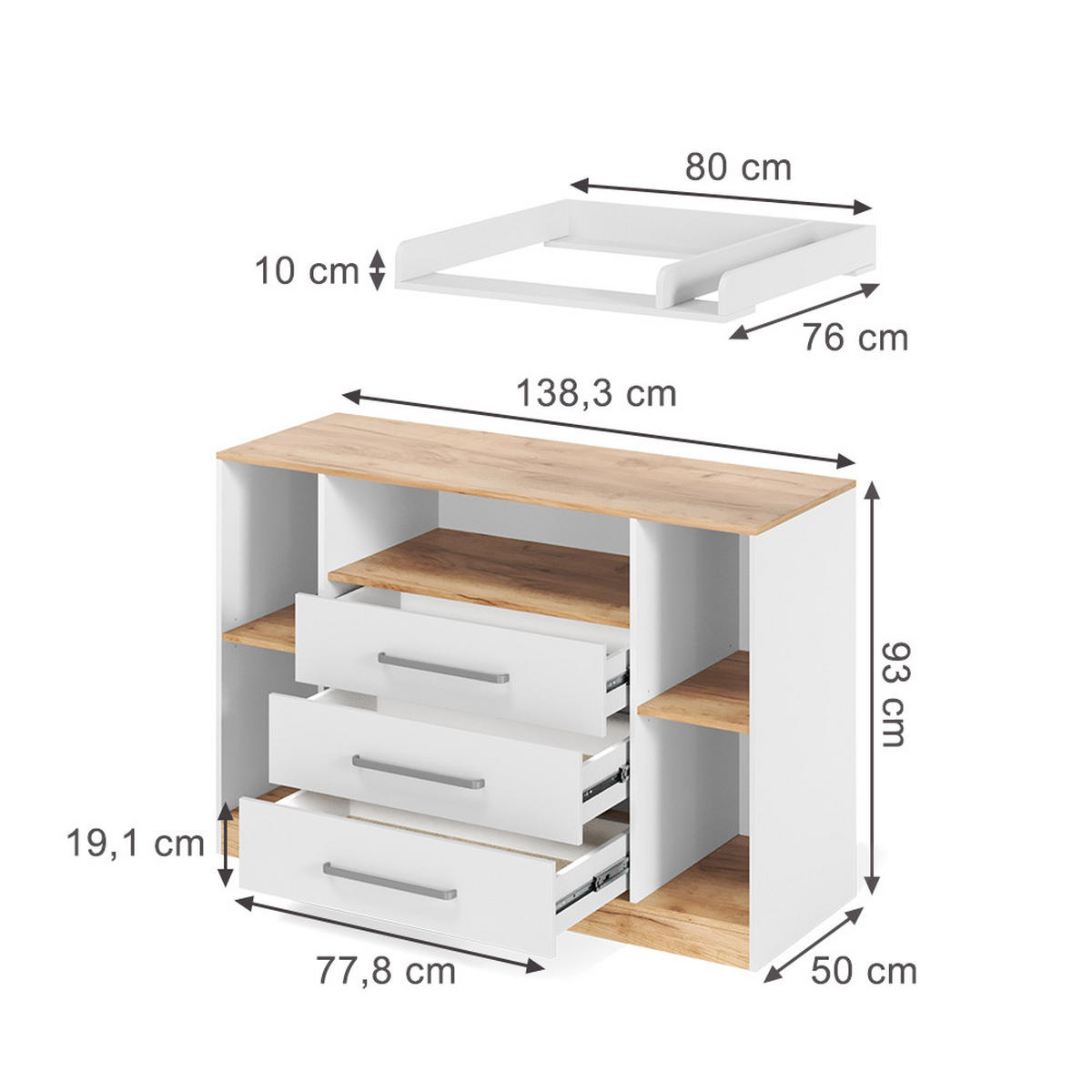 PREVIJALNA OMARA Olina, Bela/Zlati hrast z močjo, 138.3 x 93 cm - bela/medeni hrast, leseni material (138.3/93/50cm) - Vicco