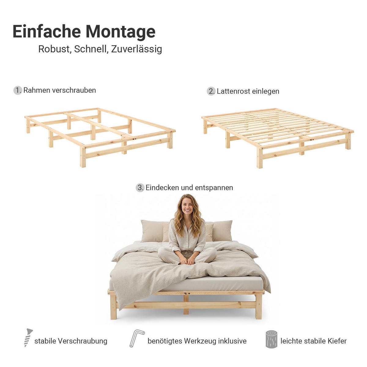 HOLZBETT mit Matratze 160/200 cm natur - Naturfarben, Holz (160/200cm) - Homestyle4u