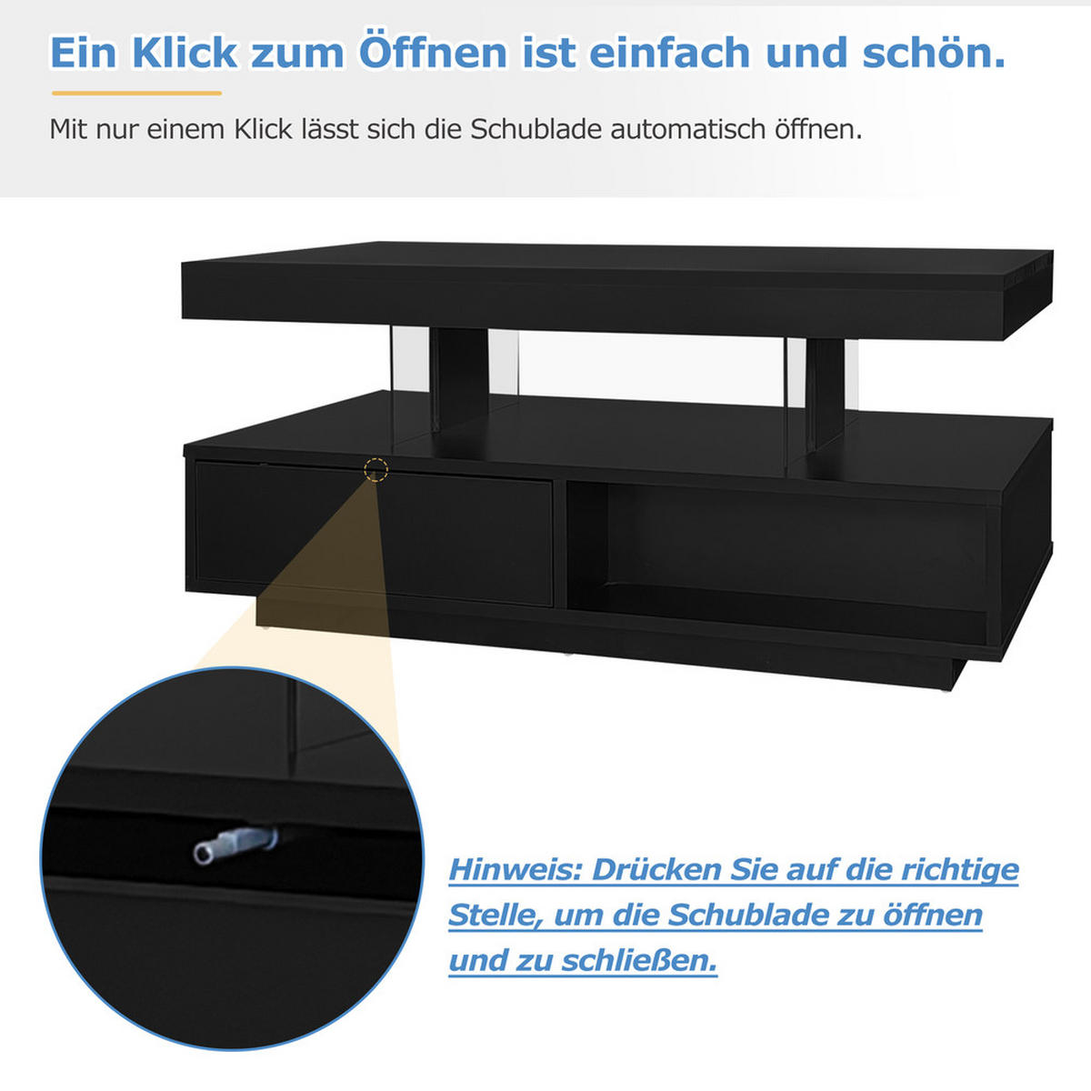COUCHTISCH 95x50cm Schwarz Hochglanz 4 Glasplatten 2 Schubladen 2 Fächer - Schwarz, Holz (103.99/59/17.5cm) - FLIEKS