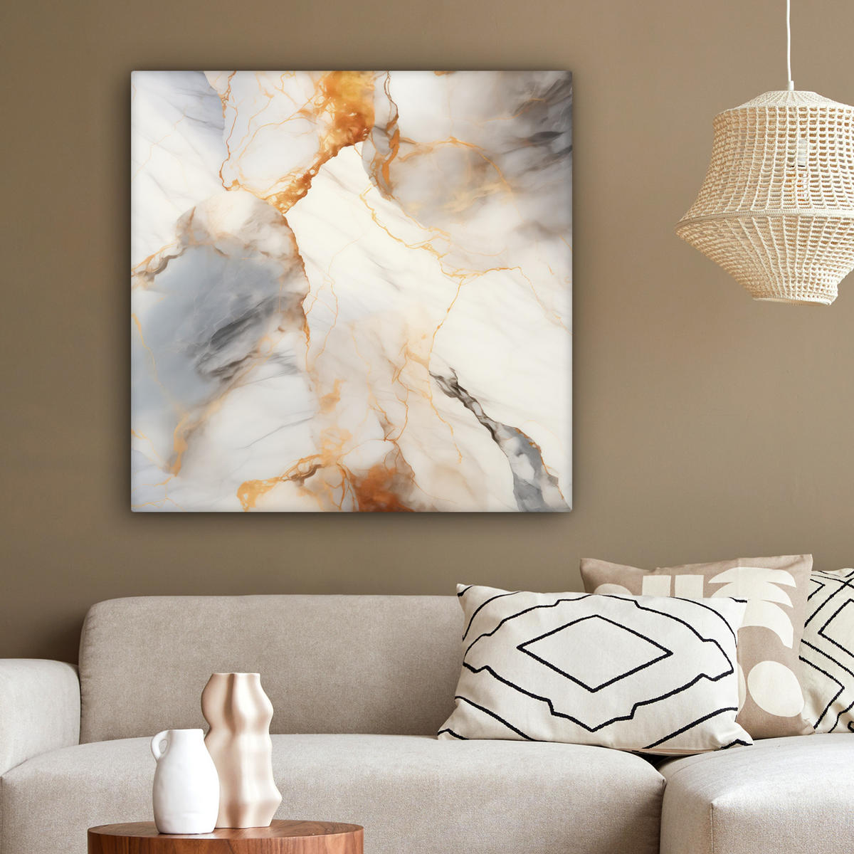 LEINWANDBILD Marmor - Grau - Gold 90x90 cm - Weiß, Textil (90/90cm) - MuchoWow