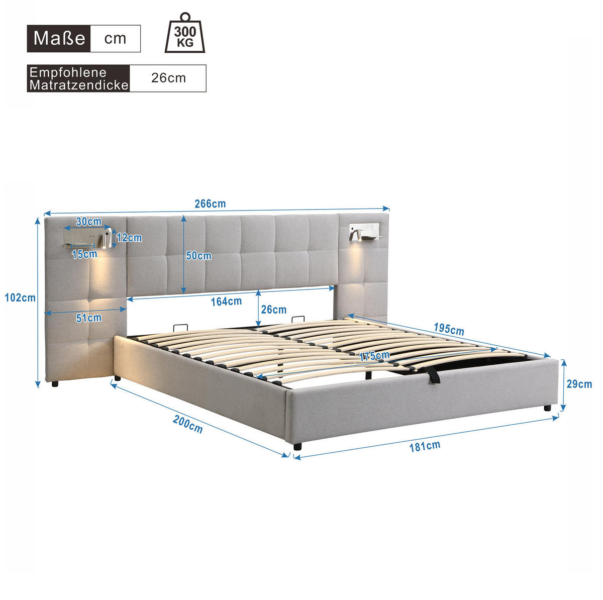 POLSTERBETT 180/200 cm Grau mit Stauraum und USB-Anschluss - Grau, Textil (180/200cm) - OKWISH