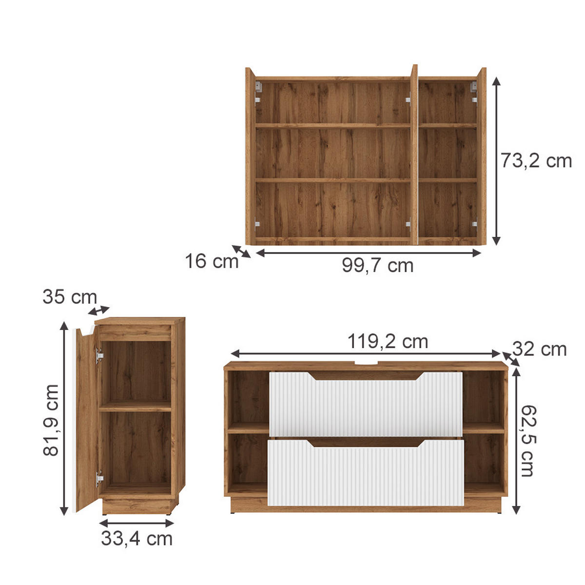 BADMÖBEL-SET Lotta Eiche/weiß gestreift 3 Teile - Eichefarben/Weiß, Holzwerkstoff (119.2/62.5/35cm) - Vicco