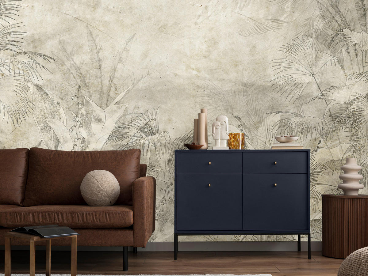 FOTOTAPETE für Schlafzimmer Vintage Botanische Blätter Tropisch 150x105 - Beige/Braun, Papier (150/105cm) - Muralo