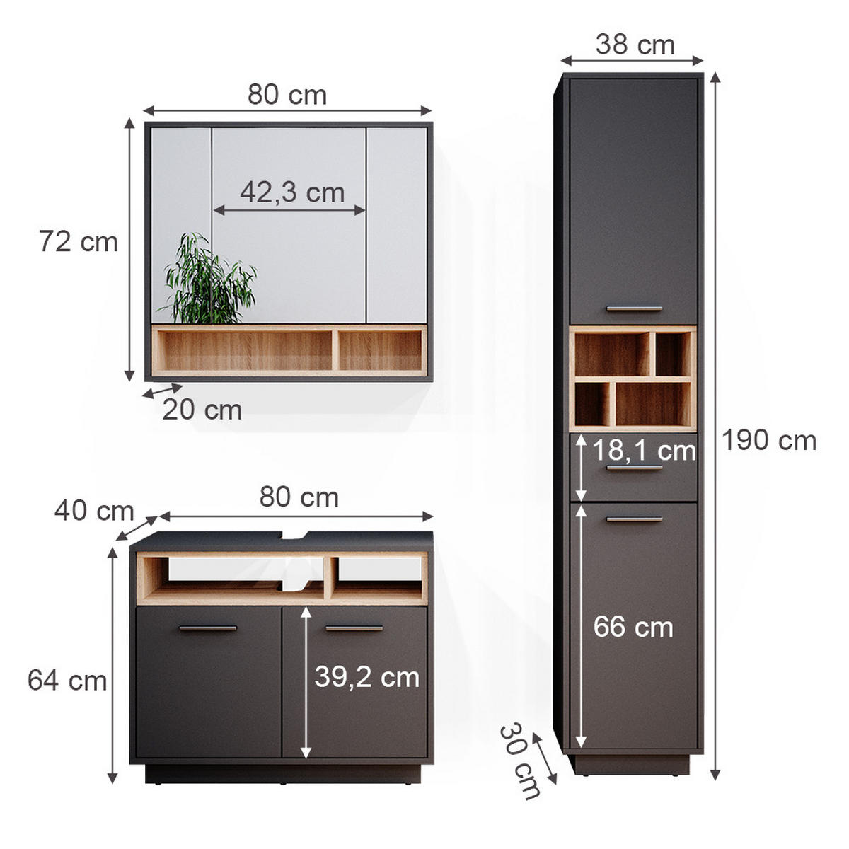 BADMÖBEL-SET Beatrice Anthrazit 3 Teile, mit Hochschrank - Anthrazit/Sonoma Eiche, Holzwerkstoff (80/64/40cm) - Vicco