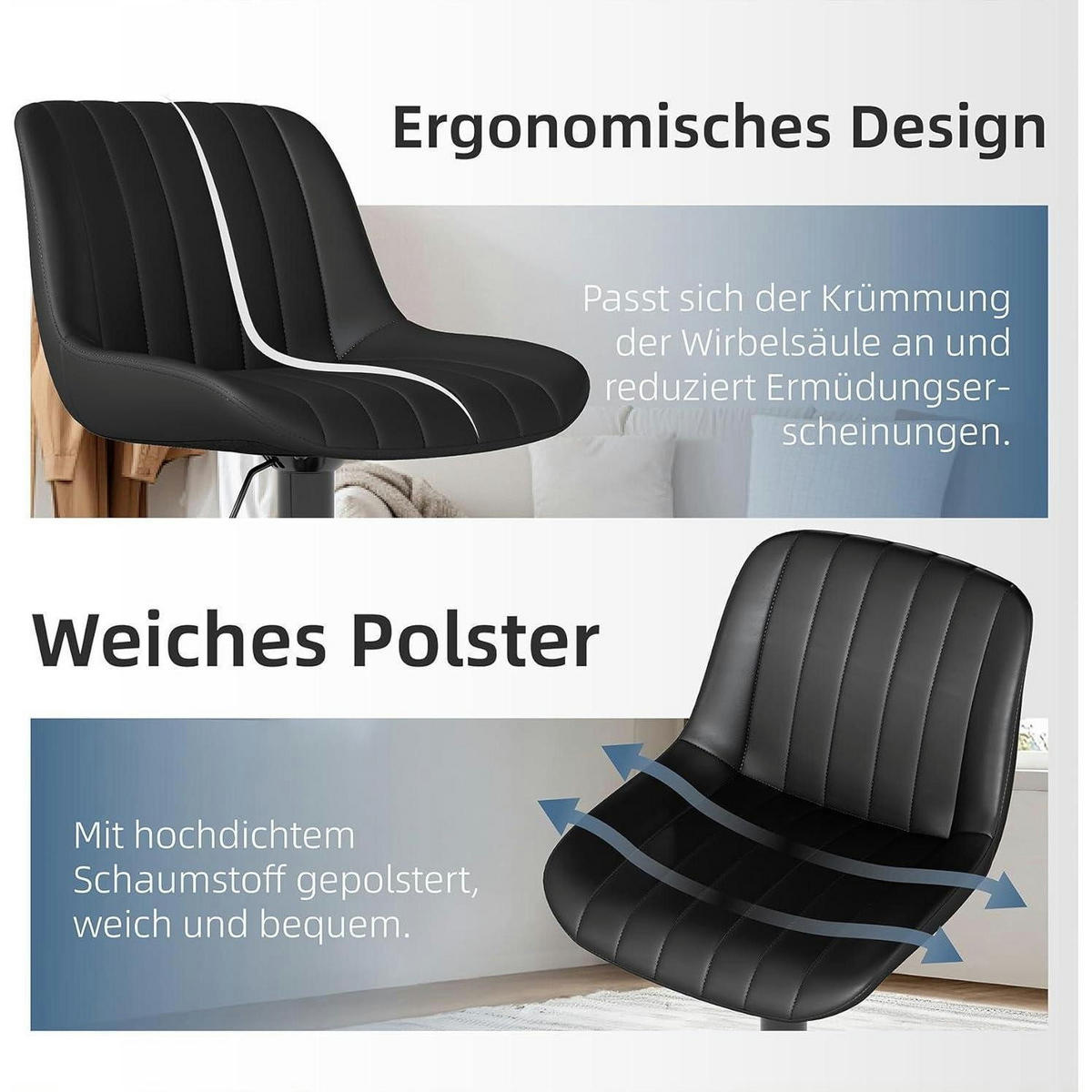 BARHOCKER 2er Set drehbar höhenverstellbar PU-Leder Schwarz - Schwarz, Kunststoff (46/109/37cm)