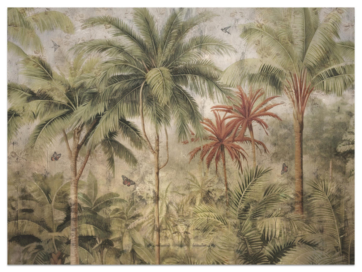 FOTOTAPETE Dschungel Tropische Pflanzen Beton Vintage 300x210 - Beige/Orange, Papier (300/210cm) - Muralo