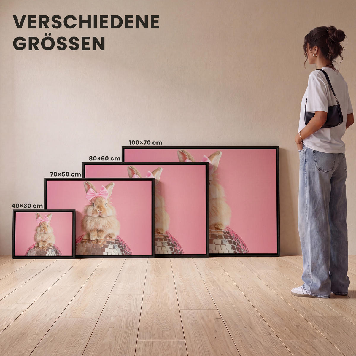 LEINWAND Bilder mit Rahmen - Schleife - Discoball - Kaninchen - 40x30 - Pink, Textil (40/30cm) - MuchoWow