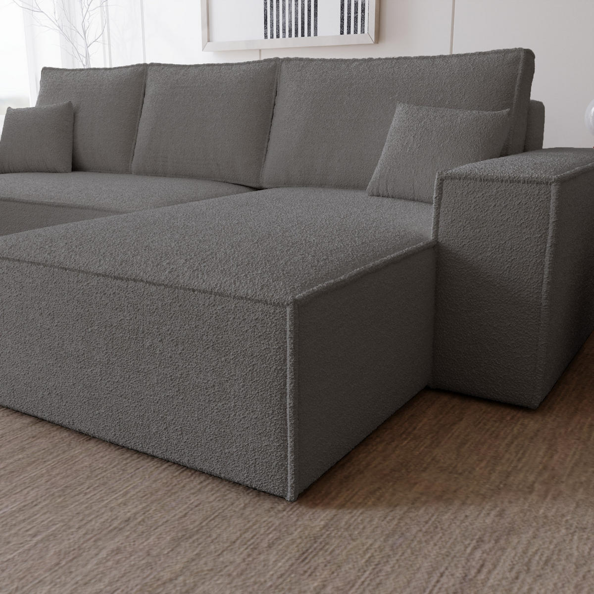 ECKSOFA Bouclé 280 cm Bergamo L mit Bettkasten, Schlaffunktion, Rechts - Dunkelgrau - Dunkelgrau, Holz (189/277cm) - Emporius