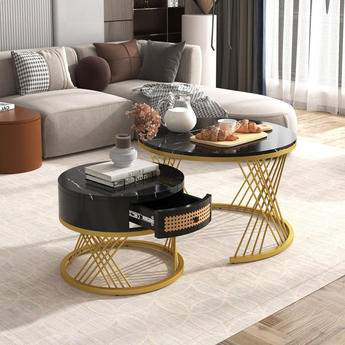 COUCHTISCHSET 2er-Set Rund Schwarz - Schwarz, Holzwerkstoff/Metall (70/70/45.5cm) - Urban Meuble