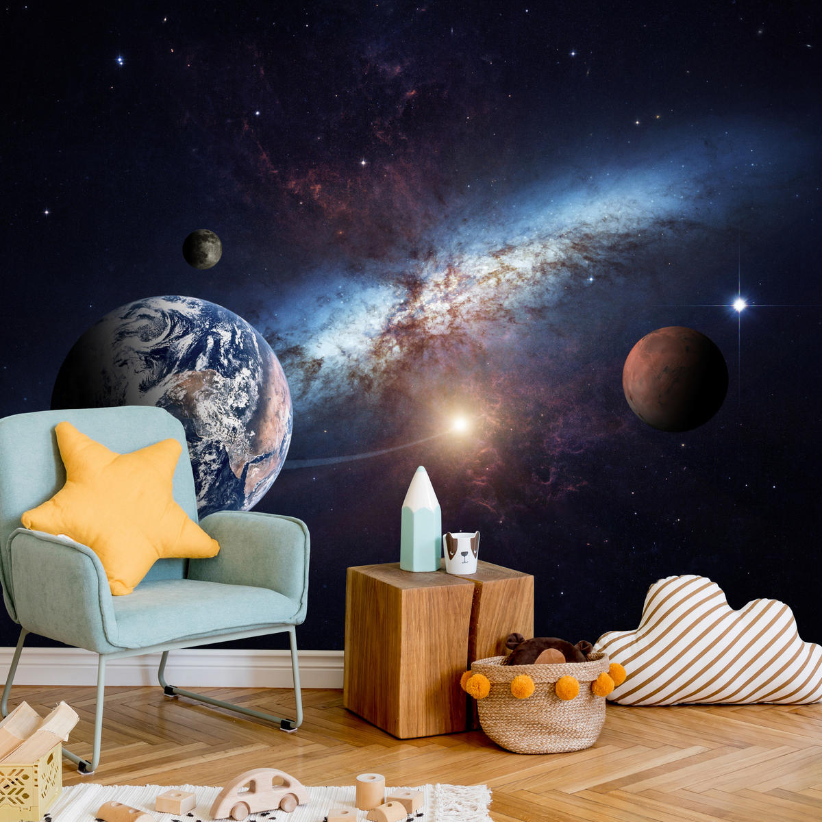 FOTOTAPETA Pre Detskú Izbu Planéty Galaxia Kozmos Hmlovina 500 x 350 cm - biela/fialová, papier (500/350cm) - Muralo