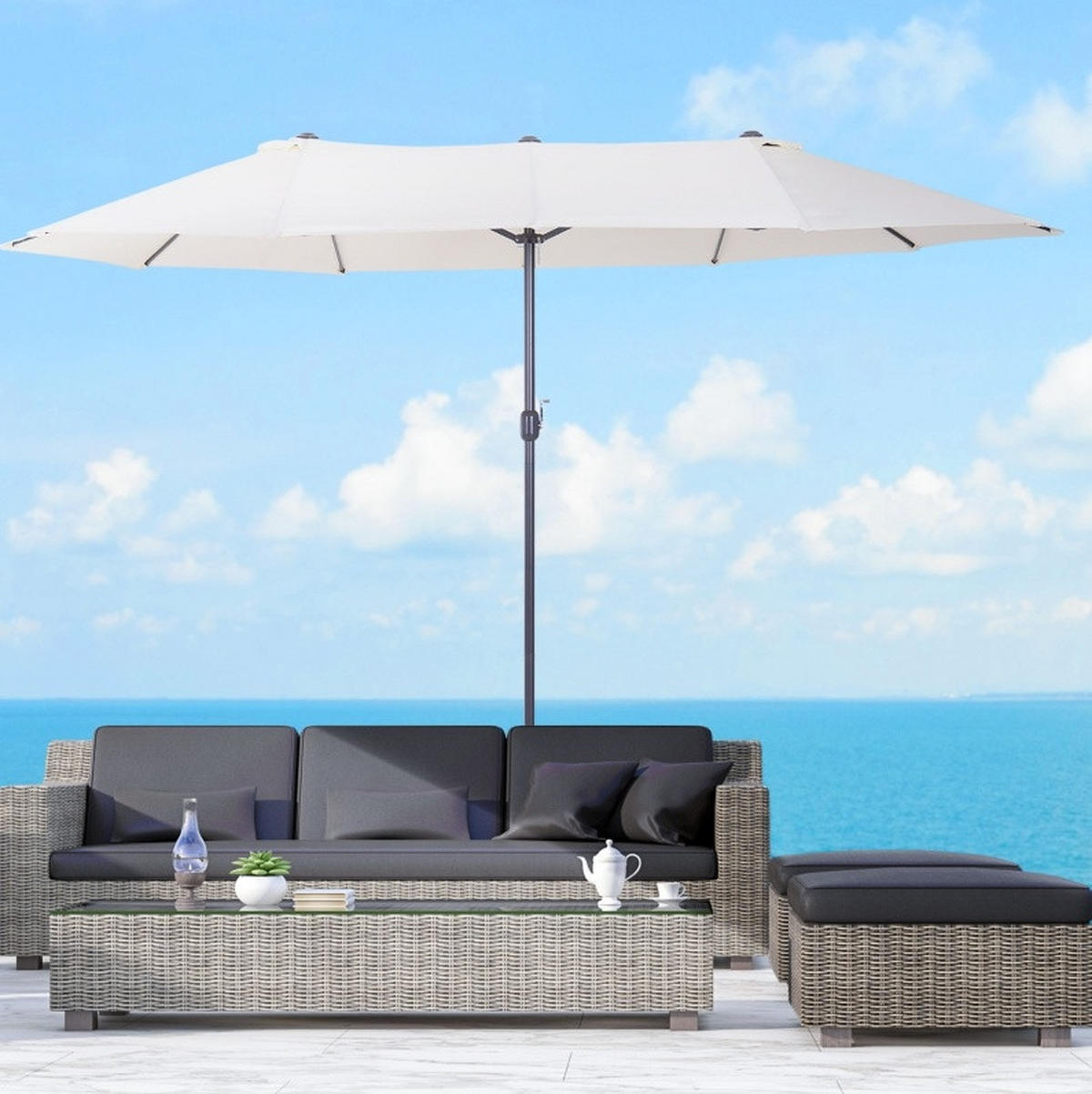 SONNENSCHIRM 455/270 cm in Beige mit Kurbel – Doppelsonnenschirm für Garten und Terrasse - Beige, Metall (265/455cm) - BEAOK