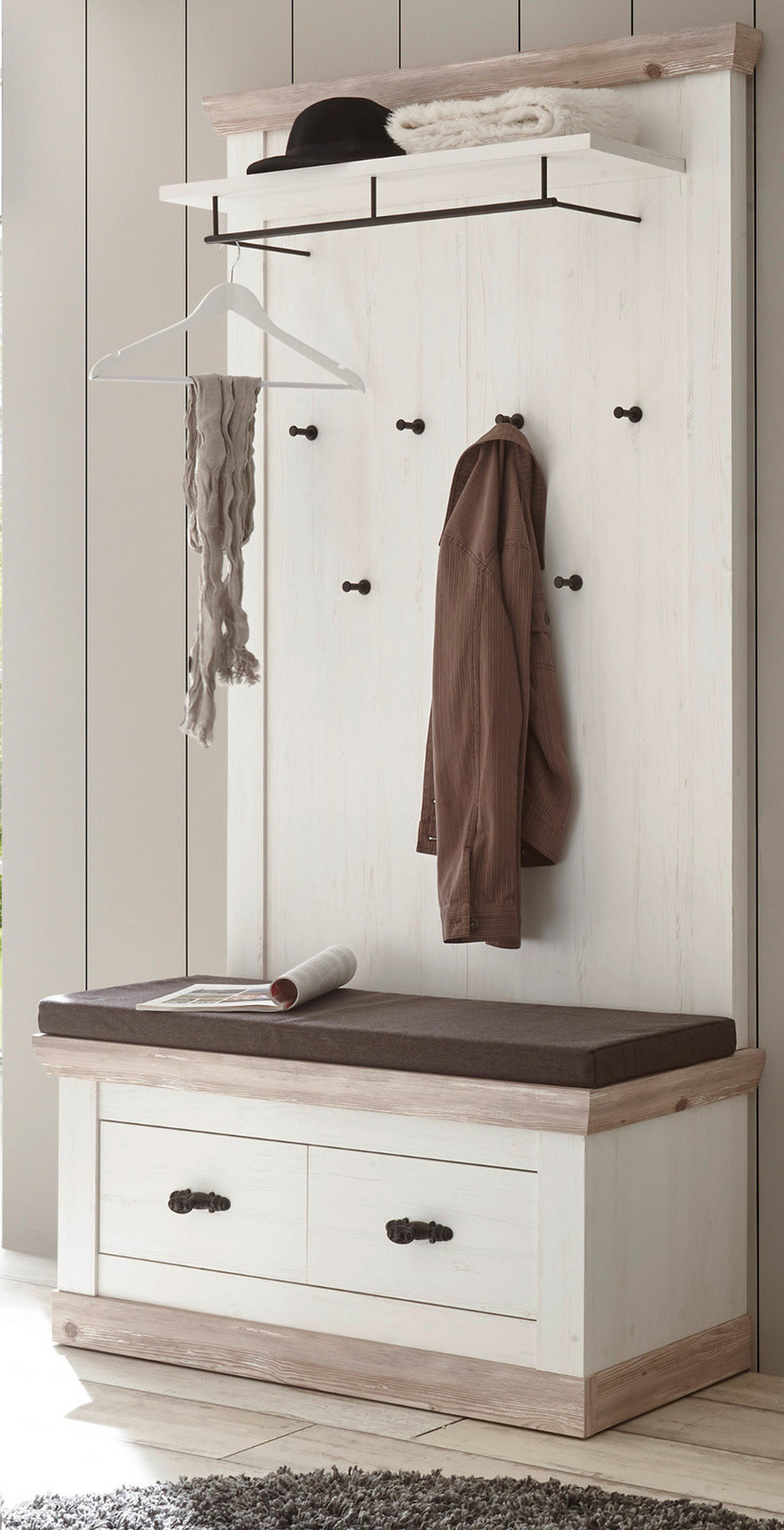 GARDEROBEN-SITZBANK Pinie Oslo Pinie Landhaus, Garderobenbank, 107 x 48 cm - Anthrazit/Weiß, Holzwerkstoff/Metall (107/50/45cm) - Furn.Design