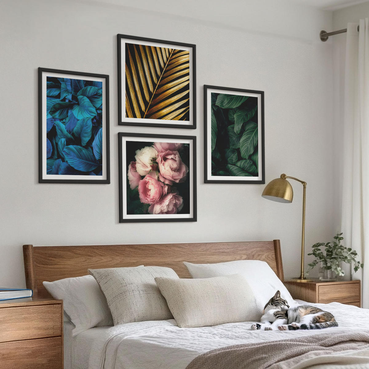BILDER SET 4er Set - 50x50 cm & 40x60 cm Schwarzer Rahmen - Blätter und Blüten in verschiedenen Farben - Schwarz, Kunststoff (50/50cm) - TULUP