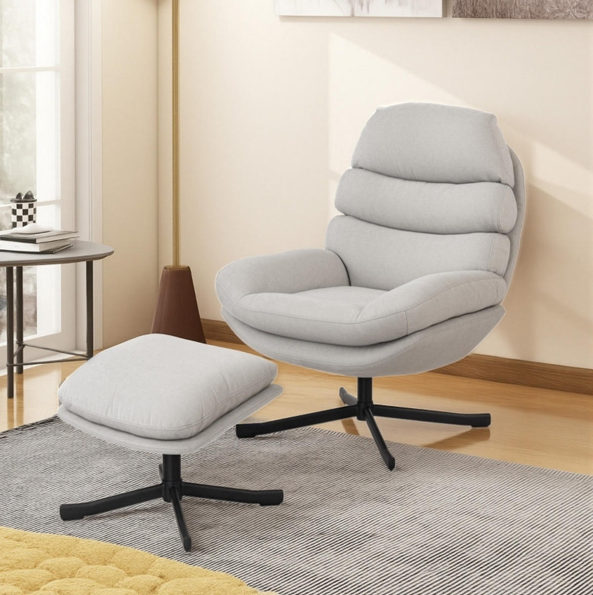 RELAXSESSEL 78/93/100 cm in Cremeweiß mit Hocker und 360°-Drehfunktion - Creme, Textil (78/100/93cm) - Flora Grace