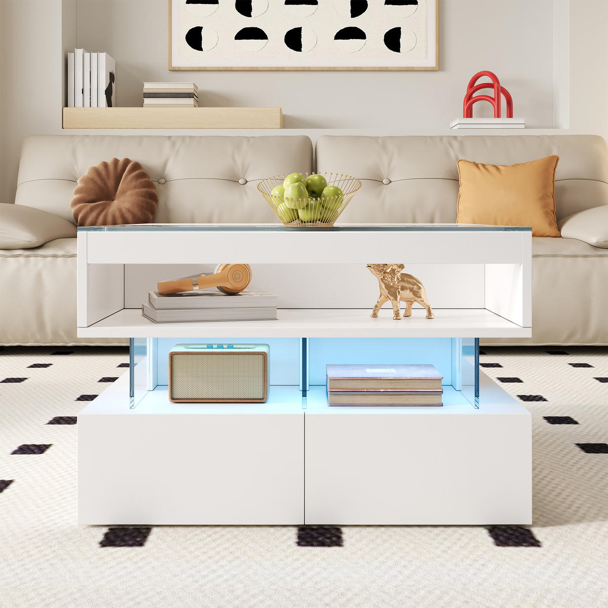 COUCHTISCH höhenverstellbar mit 16-farbiger Beleuchtung in Weiß - Weiß, Holzwerkstoff (70/67/57cm) - OKWISH