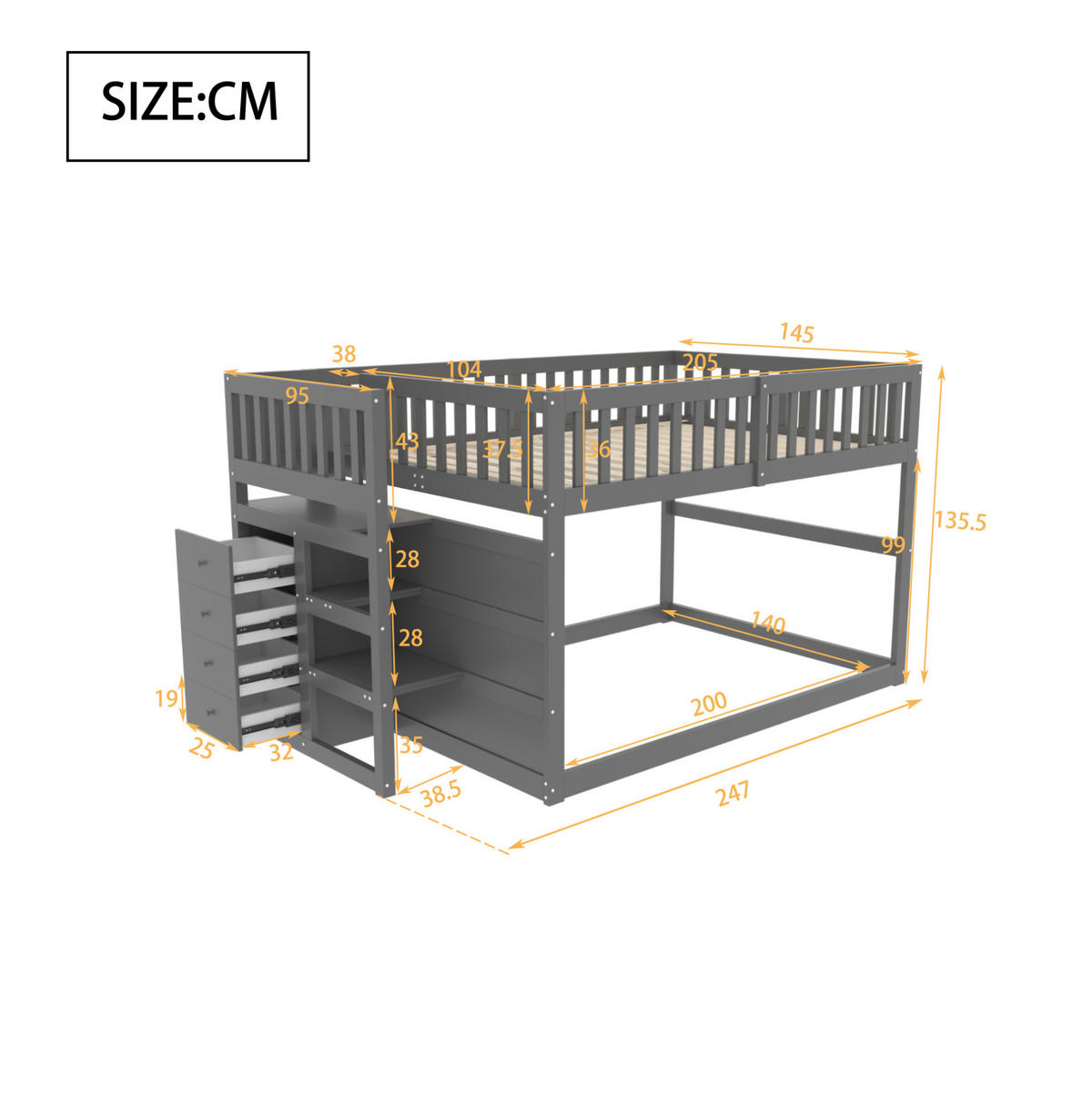 HOCHBETT 140/200 cm aus Holz mit Treppe und 4 Schubladen – Grau - Grau, Holz (140/200cm) - BEAOK