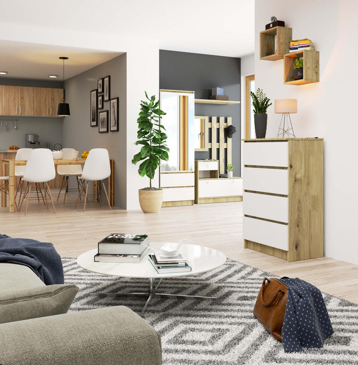 KOMMODE Eiche Artisan, Weiß 99/60/40 - Eiche Artisan/Weiß, Holzwerkstoff (60/99/40cm) - RAUMHIRSCH FURNITURE